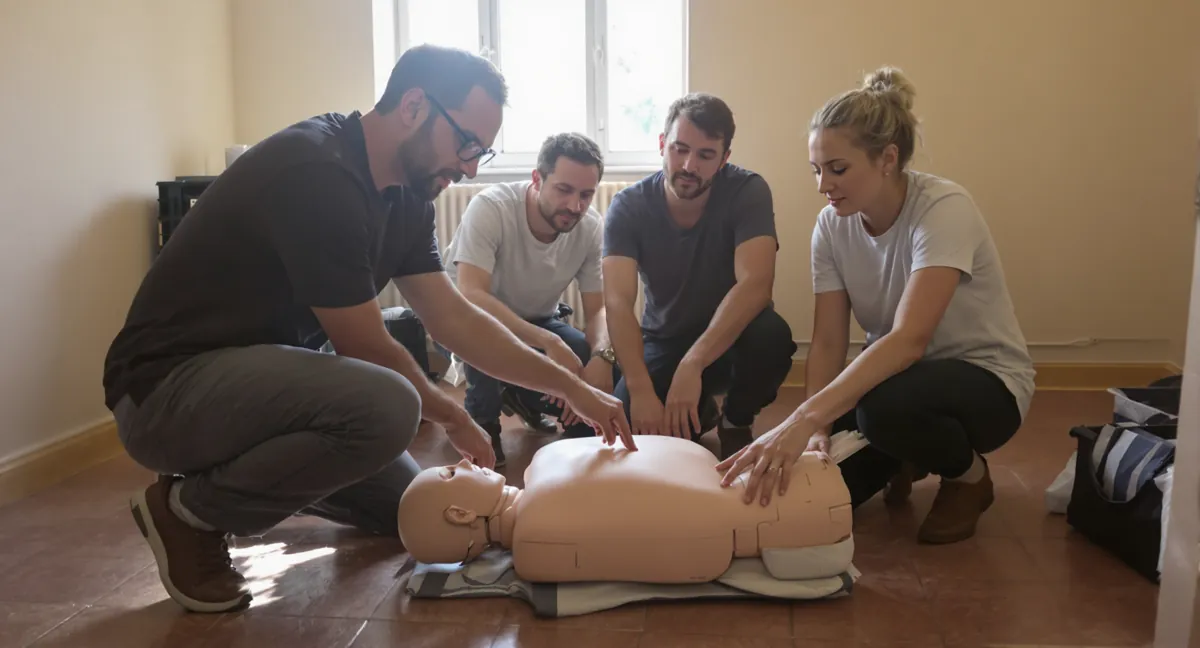 Session de formation sauveteur secouriste du travail dans une petite commune : le formateur montre le point de compression sur le mannequin